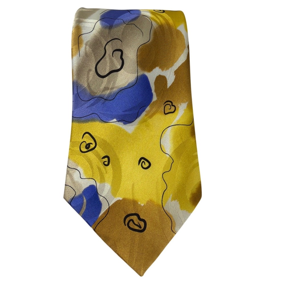 J. Garcia Mens Silk Tie Snail Garden Collection 53 Abstract Yellow Blue Tan Art
